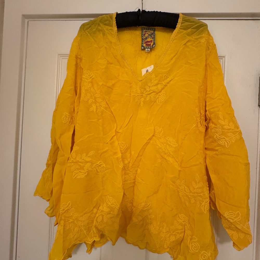 Johnny Was Yellow Ruffled Blouse with Mandarin Collar